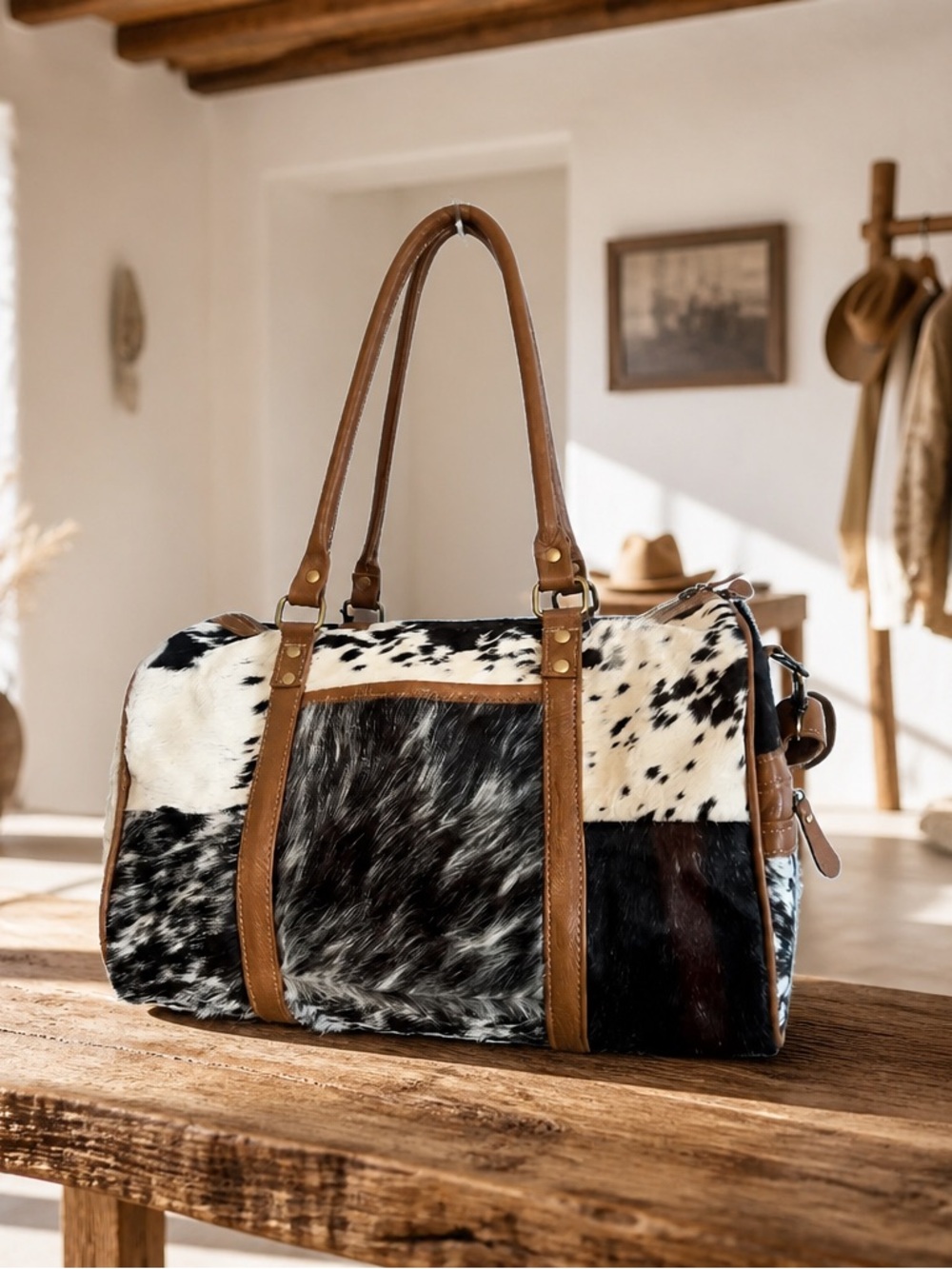 Myra Bag Cowhide Leather Mini Weekender Duffel Bag Western Overnight Boho Duffle